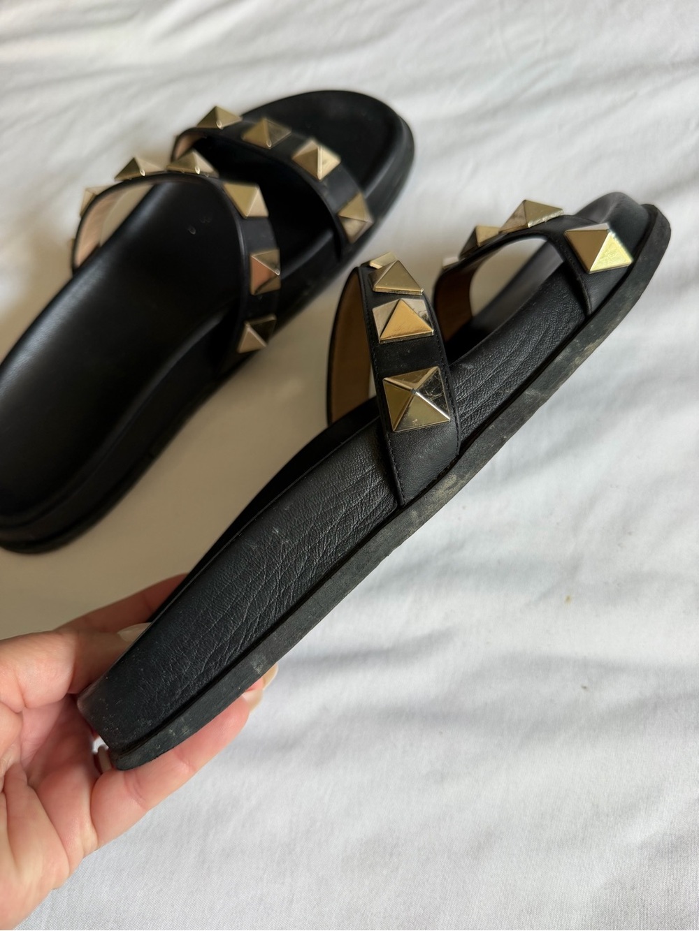 Valentino Rockstud Black Metallic Studded Double-Strap Slide Sandals 38 - Picture 3 of 16